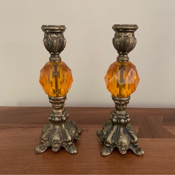 None Other - Vintage pair of brass and amber lucite candlesticks.